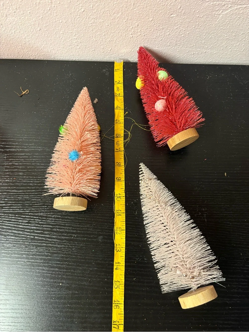 Set of 3 Bottle Brush Christmas Trees Red Pink White Wood Base Holiday Decor